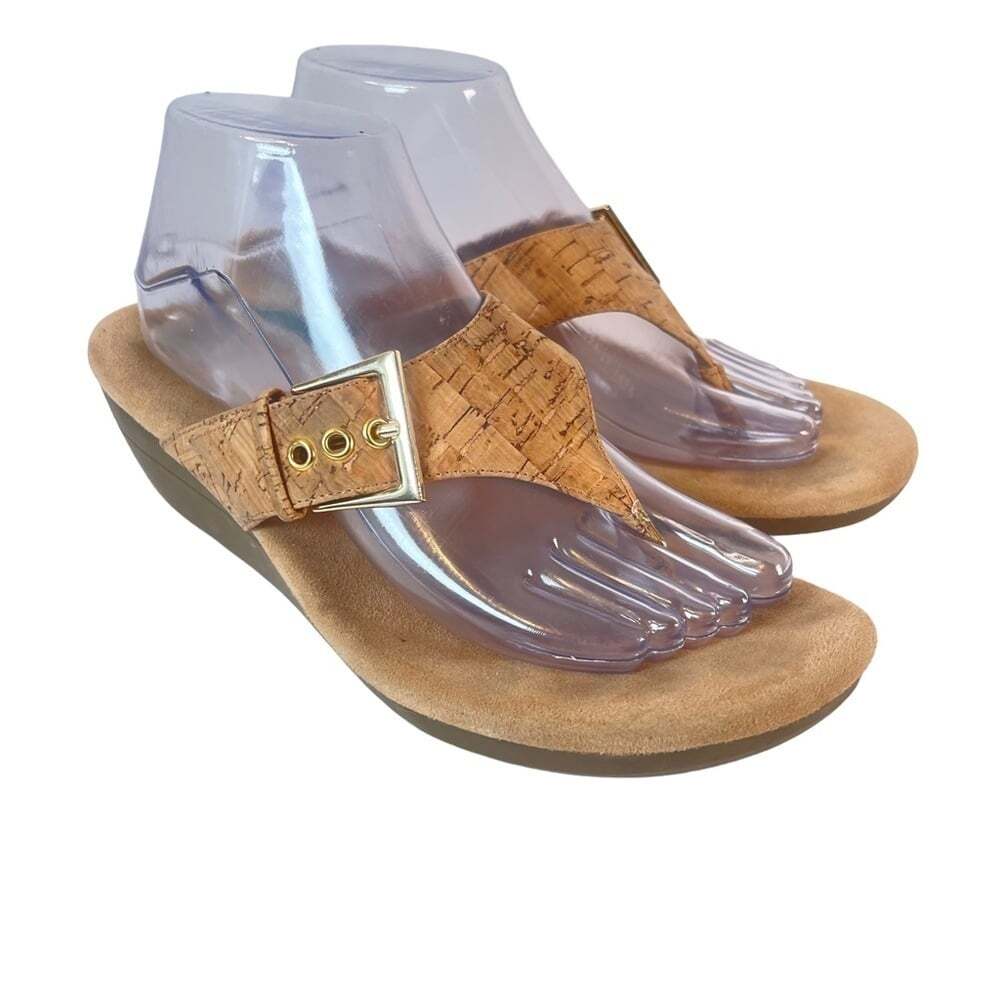 Aerosoles Tan Cork Wedge Sandals Women 10 Flower Thong Slide Comfort Summer